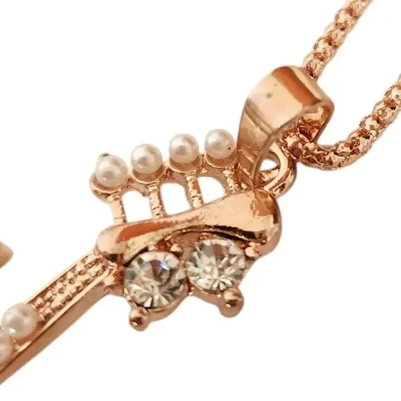 BETSEY JOHNSON bling statement chain Guitar crystal pearl necklace rose gold NEW - Picture 4 of 5